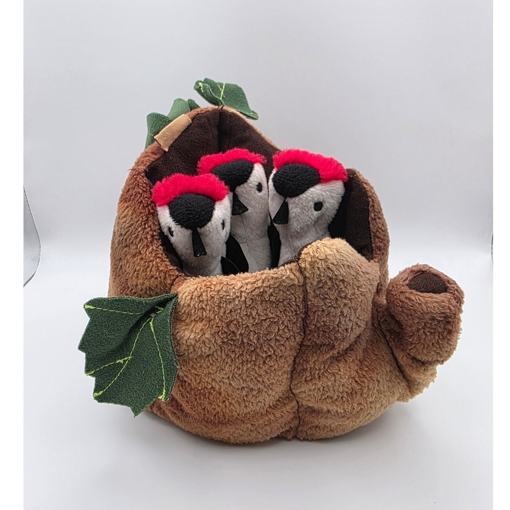 Folkmanis Woodpecker Finger Puppet Set in Plush Tree Trunk Hollow 3 Birds